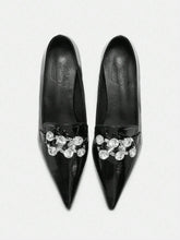 2024 New Black Pointy Toe Mid Heel Slip-On Shoes For Women, Retro & Versatile,